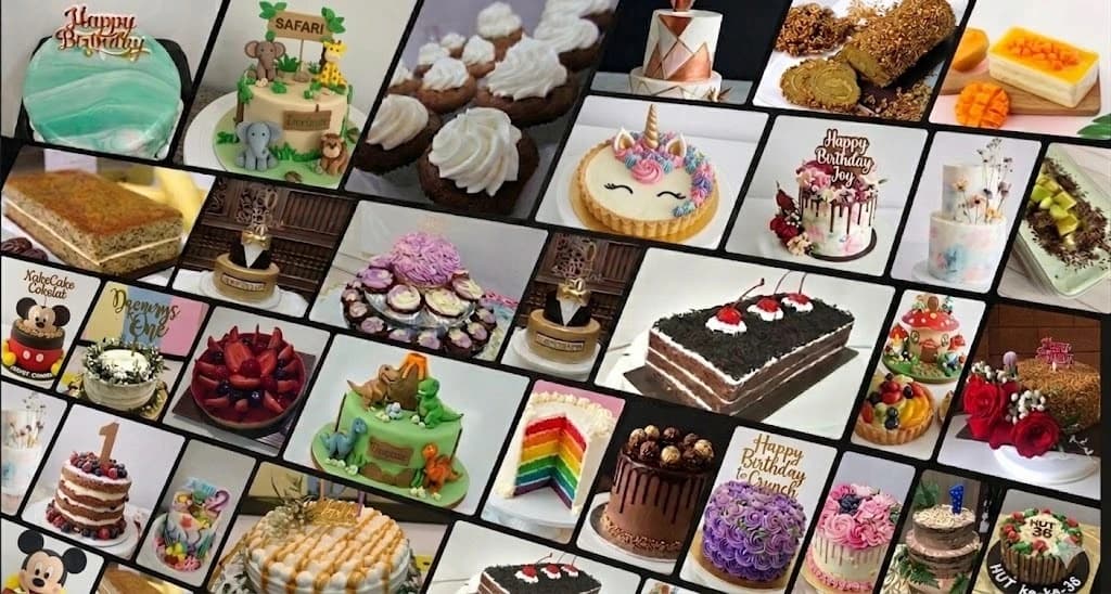Custom cakes and pastries display with various baked goods arranged artfully